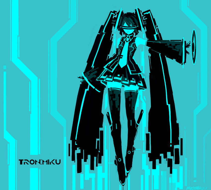 hatsune_miku highres kazeco long_hair necktie neon_trim parody skirt solo style_parody thighhighs tron twintails very_long_hair vocaloid weapon