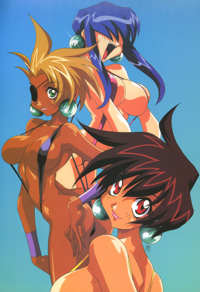 1990s_(style) 3girls absurdres arched_back blonde_hair blue_hair breasts brown_hair dark-skinned_female dark_blue_hair dark_skin earrings eyepatch fang green_eyes hair_over_eyes highres jewelry kotobuki_tsukasa lips lipstick long_hair looking_at_viewer luchs makeup medium_breasts multiple_girls non-web_source open_mouth panther_(saber_j) photoshop_(medium) red_eyes red_lips retro_artstyle saber_marionette_j scan short_hair slingshot_swimsuit smile swimsuit tan tiger_(saber_j)