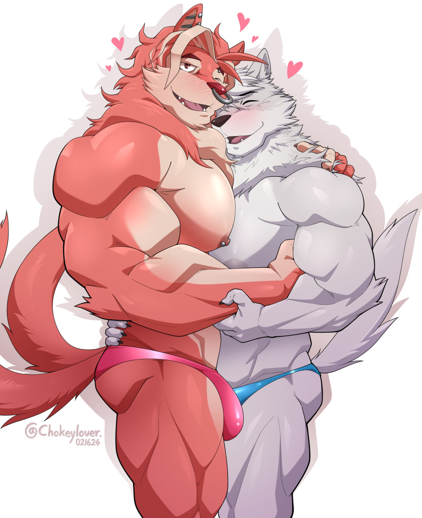 &lt;3 2024 2_tails abs absurd_res ambiguous_species anthro artist_name barbell_piercing belly big_nipples big_pecs biped black_eyebrows black_nose blue_clothing blue_speedo blue_swimwear blue_underwear blush blush_lines bulge canid canine canis clothed clothing cuddling dark_eyebrows digital_drawing_(artwork) digital_media_(artwork) duo ear_piercing emanata embrace erection_under_speedo erection_under_underwear eyebrow_piercing eyebrows eyes_closed facial_hair facial_piercing fan_character fangs fingers fluffy fluffy_tail fur grey_arms grey_body grey_ears grey_face grey_fur grey_hands grey_legs grey_tail hair hand_on_armpit hand_on_partner's_shoulder hand_on_shoulder happy happy_expression hi_res hug humanoid_hands love maldu male male/male mammal monotone_arms monotone_hands monotone_legs multi_tail multicolored_body multicolored_fur multicolored_hair multiple_piercings navel nipple_piercing nippleless nipples nose_piercing nose_ring open_mouth open_smile pecs piercing pink_blush pink_clothing pink_heart pink_speedo pink_swimwear pink_underwear red_arms red_body red_ears red_face red_fingers red_fur red_hair red_legs red_nose red_tail ring_piercing romantic romantic_couple septum septum_piercing septum_ring shadow sharp_teeth sideburns signature simple_background smile speedo speedo_only standing swimwear tail tan_belly tan_body tan_chest tan_face tan_fingers tan_fur tan_hair tan_inner_ear tan_legs teeth tenting tongue topless two_tone_body two_tone_face two_tone_fingers two_tone_fur two_tone_hair two_tone_legs two_tone_tail underwear underwear_only unknown_species white_body white_chest white_face white_fur white_hair white_tail wolf