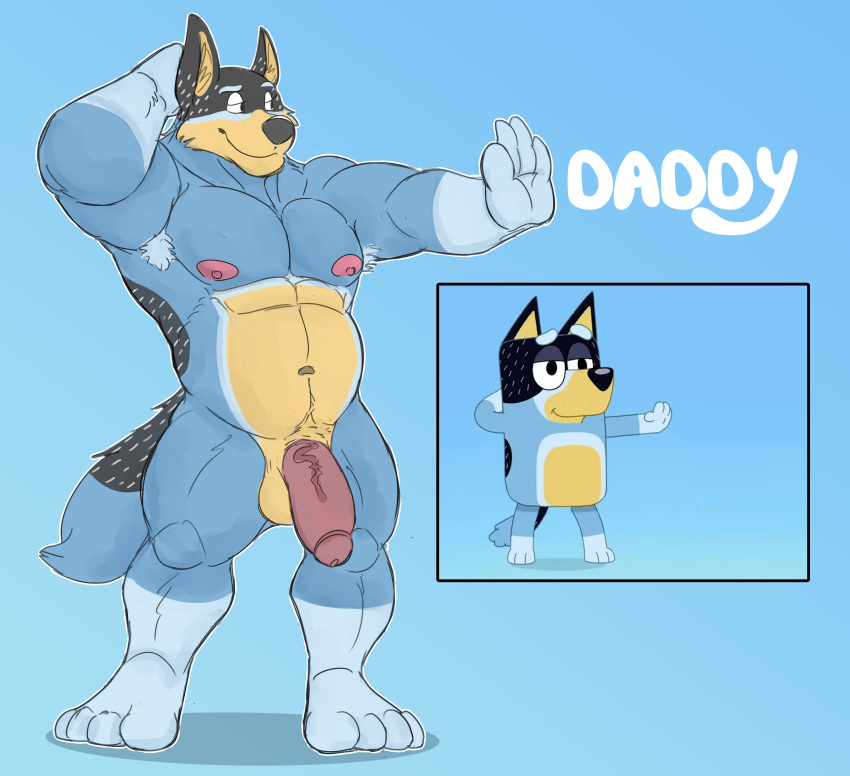 2024 absurd_res anthro areola armpit_hair australian_cattle_dog balls bandit_heeler barazoku belly biceps big_muscles big_penis blue_background bluey_(series) body_hair canid canine canis cattledog citrusification daddy_kink domestic_dog english_text eyebrows flaccid fur genitals hand_behind_head herding_dog hi_res humanoid_genitalia humanoid_penis male mammal musclegut muscular muscular_anthro muscular_male narrowed_eyes navel nipples nude pastoral_dog pecs penis photo shadow simple_background solo standing text tuft vein