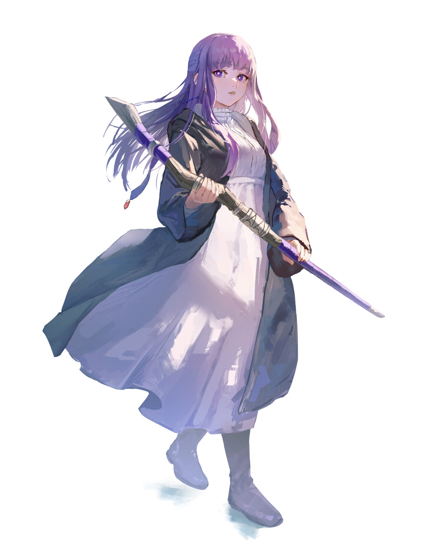 1girl absurdres black_robe blunt_bangs boots commentary_request dress fern_(sousou_no_frieren) full_body highres holding holding_staff long_hair long_sleeves looking_at_viewer open_clothes open_robe parted_lips purple_eyes purple_hair robe simple_background solo sousou_no_frieren staff standing walking white_background white_dress yos_(72112764)