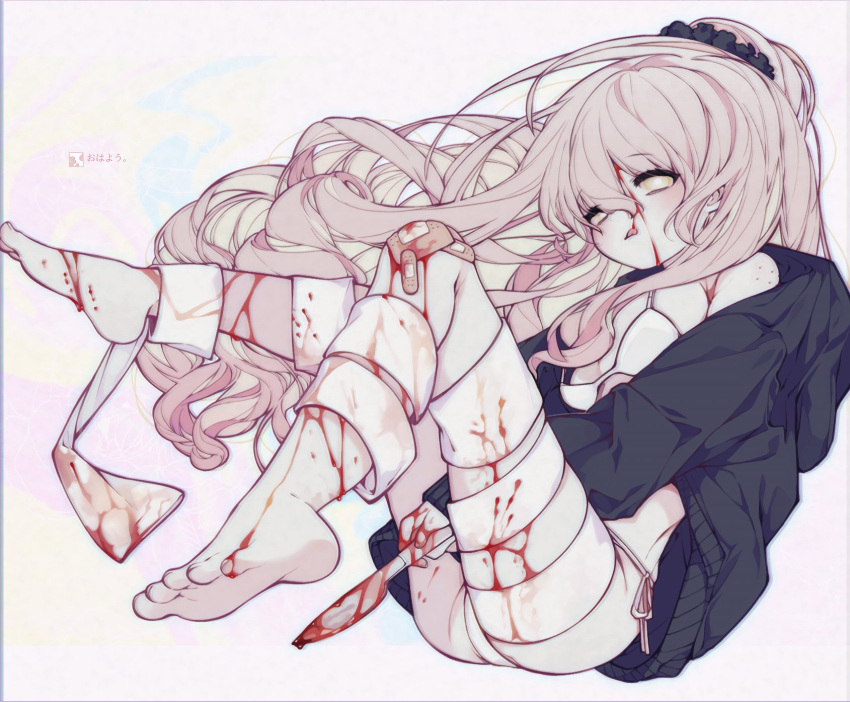 1girl bandaged_leg bandages bandaid bandaid_on_leg barefoot black_sweater blood blood_on_face blood_on_leg hair_flowing_over highres holding holding_knife huyucai implied_injury knife licking_lips long_hair original pink_hair self-harm short_ponytail sidelocks sitting sweater tongue tongue_out underwear yellow_eyes