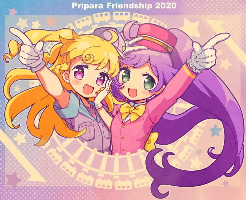 2girls 5.5 :d arm_up blonde_hair blush commentary_request cropped_torso gloves green_eyes hand_on_own_cheek hand_on_own_face hand_up hat idol_time_pripara index_finger_raised jacket long_hair long_sleeves looking_at_viewer manaka_laala multiple_girls open_mouth outstretched_arm pink_headwear pink_jacket pointing pointing_up pretty_series pripara purple_eyes purple_hair purple_jacket ringlets smile twintails two_side_up upper_body v very_long_hair white_gloves yumekawa_yui