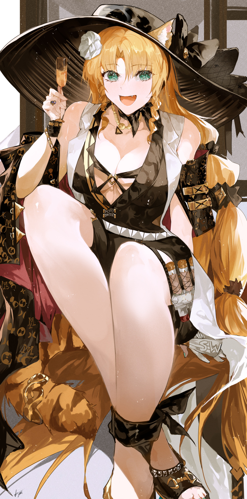 1girl absurdres animal_ears arknights black_headwear black_one-piece_swimsuit blonde_hair breasts casual_one-piece_swimsuit cleavage collarbone cup ears_through_headwear flower green_eyes hair_flower hair_ornament highres jewelry knees_up long_hair looking_at_viewer necklace one-piece_swimsuit ring signature swimsuit swire_(arknights) swire_the_elegant_wit_(arknights) tail tiger_ears tiger_girl tiger_tail very_long_hair yuki_flourish