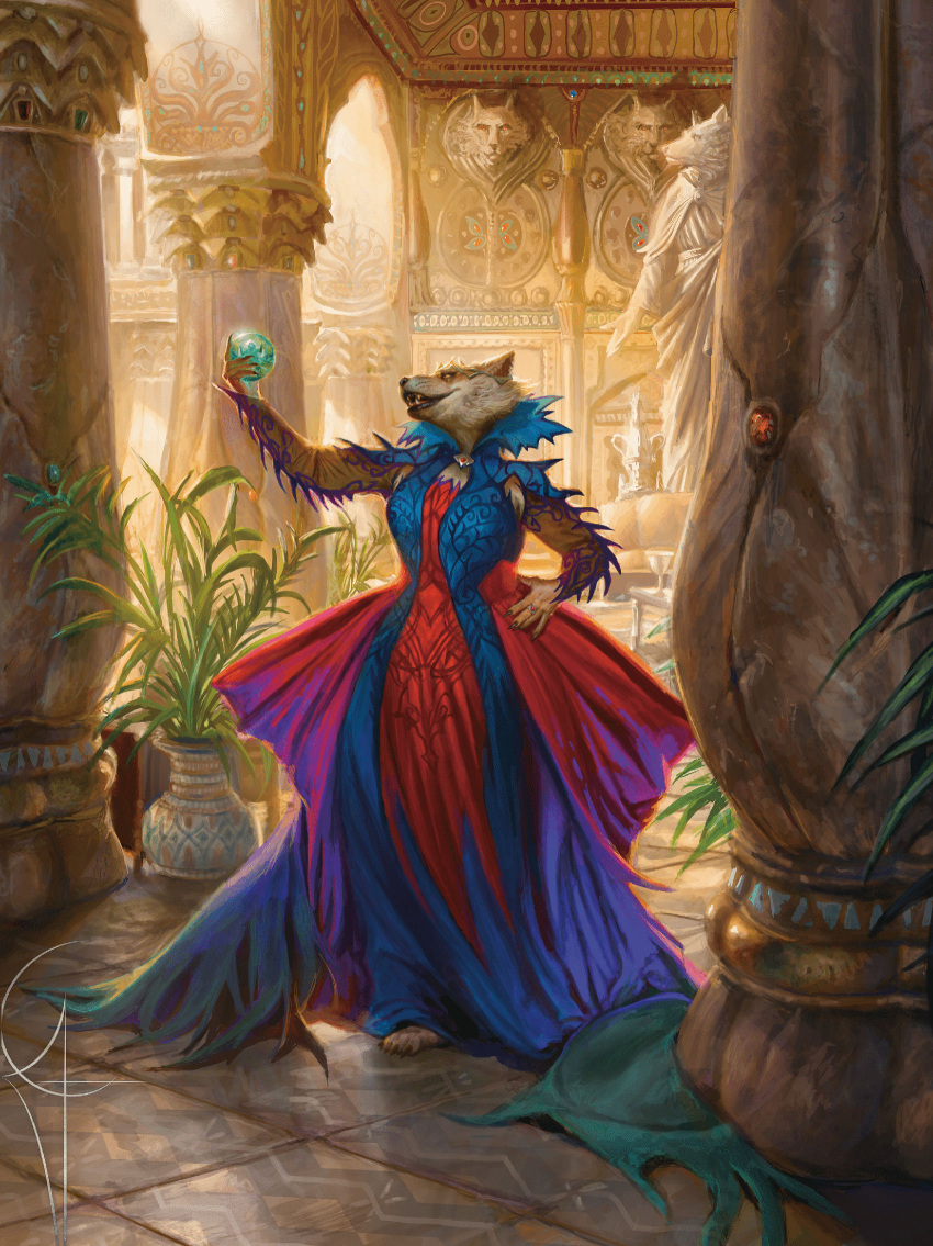 andrea_piparo anthro arcanaloth_(dnd) blue_clothing breasts canid canine clothed clothing crown crystal dress female floor fox fully_clothed fur gem gown hand_on_hip headgear hi_res holding_crystal holding_object inside jewelry looking_at_object mammal official_art pillar plant plant_pot potted_plant raised_arm ring sculpture shemeshka_the_marauder_(planescape) solo statue tiara tile tile_floor
