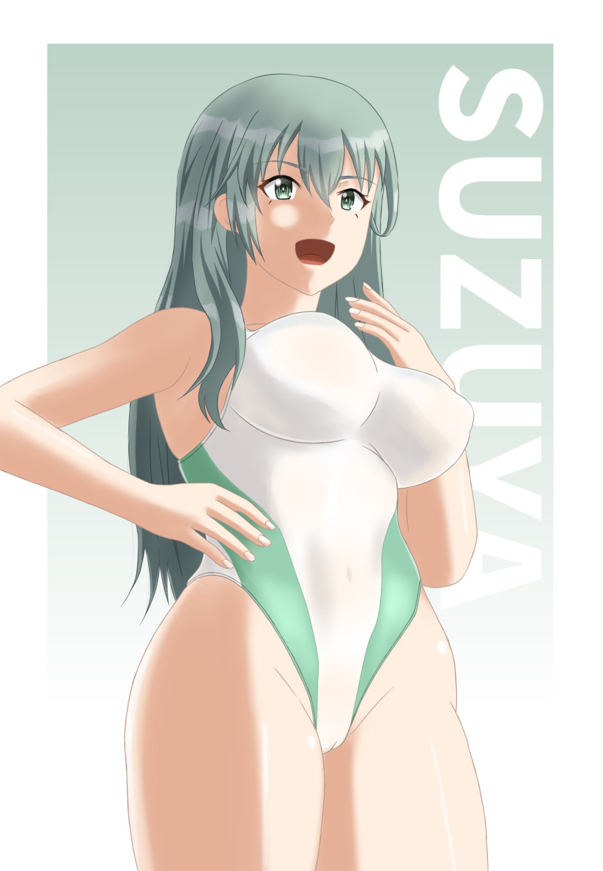 1girl aqua_eyes aqua_hair blush breasts cameltoe character_name chousokabe_k competition_swimsuit cowboy_shot gradient_background green_background green_one-piece_swimsuit highres kantai_collection large_breasts long_hair looking_at_viewer one-piece_swimsuit open_mouth smile solo suzuya_(kancolle) swimsuit white_background white_one-piece_swimsuit