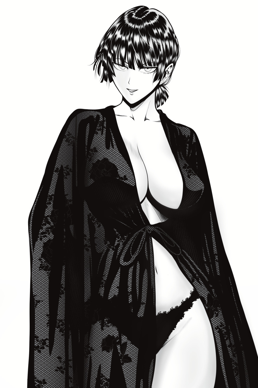 1girl absurdres breasts commentary contrapposto cowboy_shot english_commentary fubuki_(one-punch_man) greyscale grin highres lace-trimmed_panties lace_trim large_breasts long_sleeves looking_at_viewer low_ponytail monochrome mostlybluewyatt navel one-punch_man panties short_hair short_ponytail simple_background sleepwear smile solo standing underwear