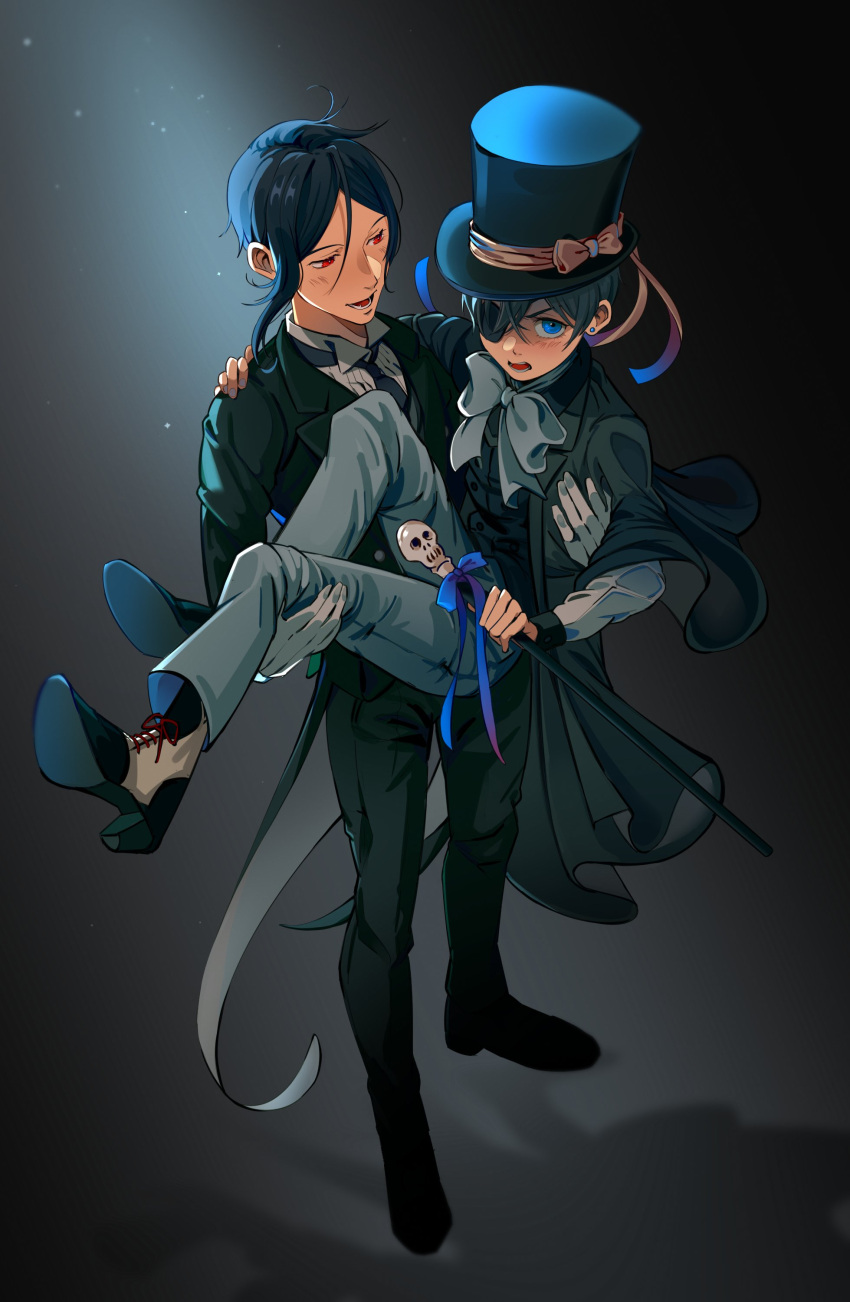 2boys absurdres angry black_background black_footwear black_hair black_jacket black_necktie black_pants black_suit blue_eyes blue_hair bow bowtie cane carrying carrying_person ciel_phantomhive earrings gradient_background grey_pants hair_between_eyes hat hat_bow highres holding holding_cane jacket jewelry kodona kuroshitsuji light light_particles lolita_fashion looking_at_another looking_at_viewer looking_up male_focus multiple_boys necktie open_mouth pants red_eyes ribbon sebastian_michaelis shadow shirt suit top_hat uneasywolf victorian white_bow white_bowtie white_footwear white_shirt yellow_bow yellow_ribbon