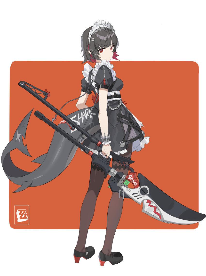 1girl absurdres black_dress black_footwear black_hair breasts brown_pantyhose chenmu_sora closed_mouth dress ellen_joe fins fish_tail full_body guan_dao hair_ornament hairclip high_heels highres holding holding_polearm holding_weapon looking_at_viewer looking_to_the_side maid_headdress medium_breasts multicolored_hair pantyhose polearm red_background red_eyes red_hair shark_tail shoes short_hair simple_background solo standing tail two-tone_background two-tone_hair weapon white_background wrist_cuffs x_hair_ornament zenless_zone_zero