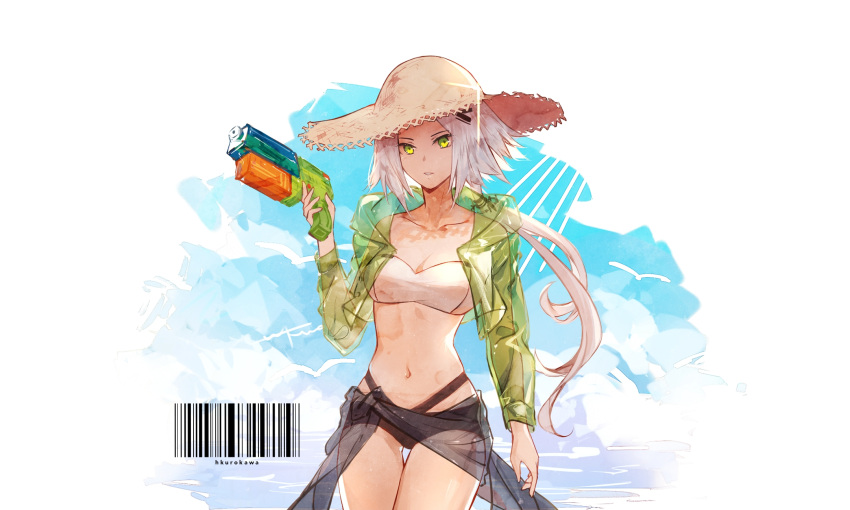 1girl alternate_costume bikini breasts cleavage collarbone cowboy_shot girls'_frontline green_eyes hair_ornament hand_up hat hei_chuan_gui highres holding holding_water_gun hunter_(girls'_frontline) jacket long_hair looking_at_viewer multi-strapped_bikini_bottom navel parted_lips sangvis_ferri sarong see-through see-through_jacket simple_background solo straw_hat sun_hat swimsuit water_gun white_hair