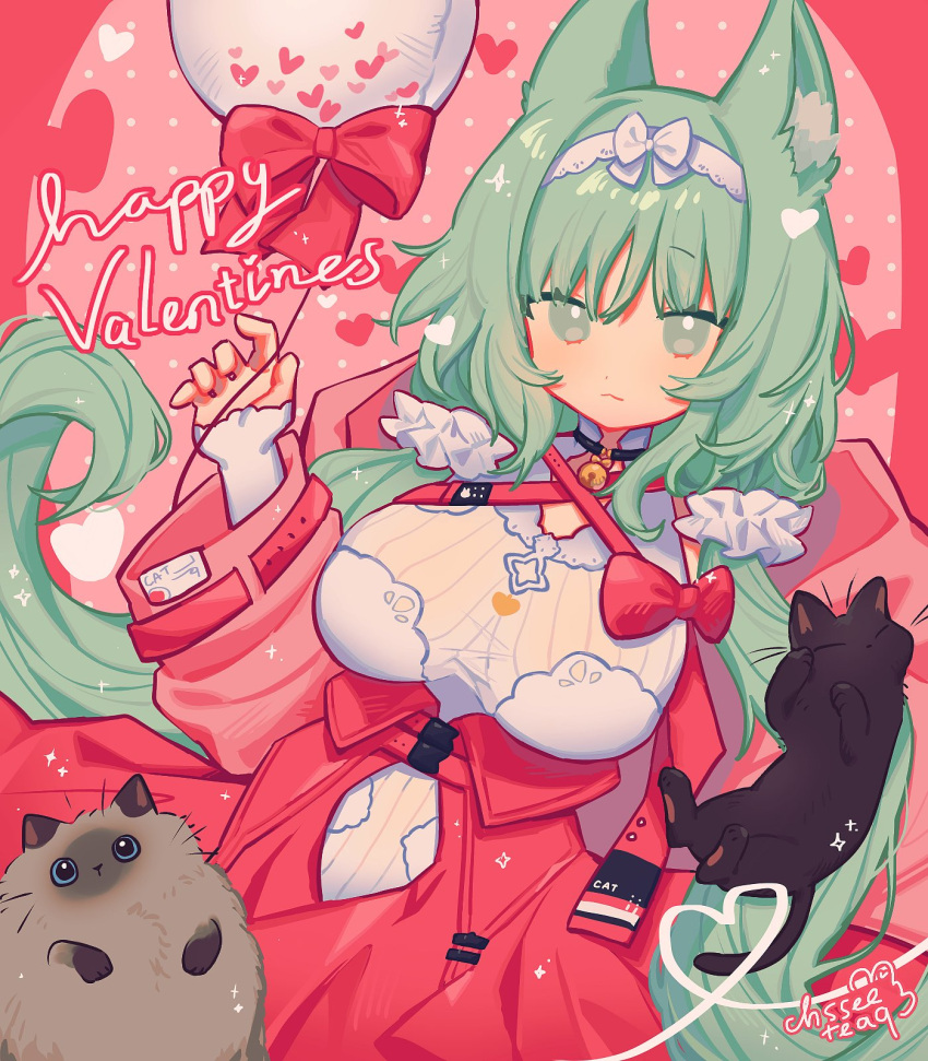 1girl animal animal_ear_fluff animal_ears arknights balloon black_cat bow breasts cat closed_mouth commentary dress english_commentary green_eyes green_hair hair_between_eyes hand_up happy_valentine harmonie_(arknights) harmonie_(decoration)_(arknights) highres jacket large_breasts long_hair long_sleeves looking_at_viewer pink_background pink_jacket polka_dot polka_dot_background puffy_long_sleeves puffy_sleeves red_background red_bow red_dress shirt signature solo tea_(yxmetea) two-tone_background very_long_hair white_shirt