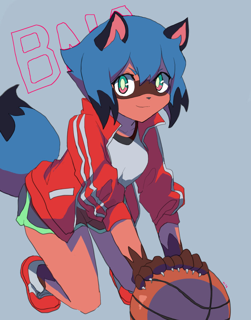 1girl absurdres animal_ears animal_nose basketball blue_hair body_fur brand_new_animal brown_fur dolphin_shorts furry furry_female highres jacket kagemori_michiru looking_at_viewer multicolored_hair raccoon_ears raccoon_girl raccoon_nose raccoon_tail red_jacket shirt shoes short_hair shorts simple_background sneakers tail takatisakana tanuki trigger_(company)