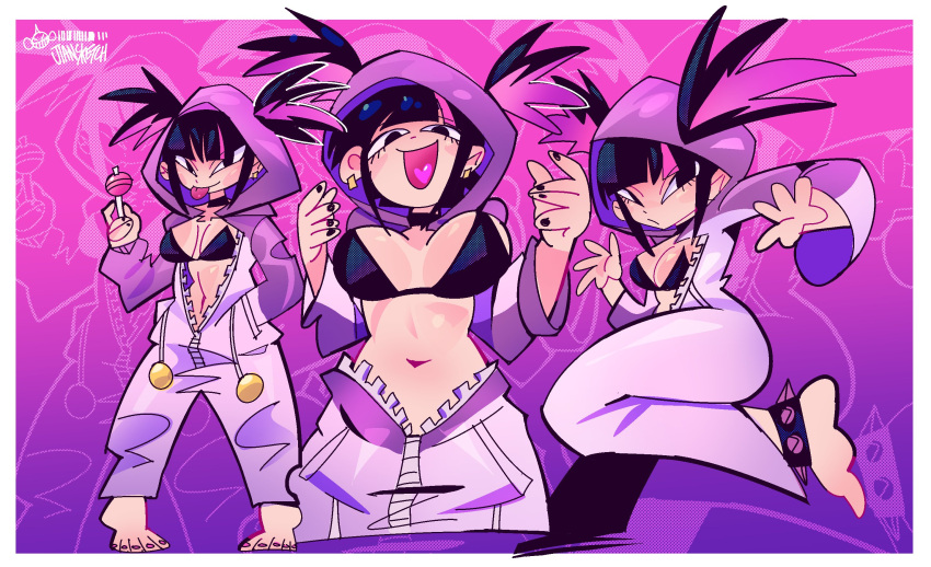 1girl barefoot black_bra black_choker black_nails bra breasts candy choker cleavage food han_juri highres jiansketch lollipop multicolored_hair multiple_views navel onesie open_mouth open_pajamas pajamas spiked_anklet spikes streaked_hair street_fighter street_fighter_6 toon_(style) two-tone_hair underwear zipper