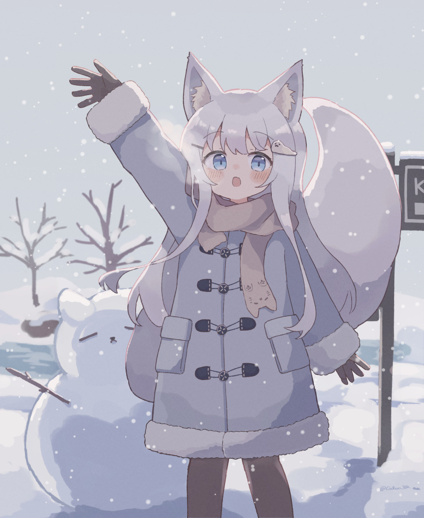 1girl :o absurdres animal_ears arm_up black_pantyhose blue_eyes coat colon_br cowboy_shot fox_ears fox_girl fox_tail grey_coat grey_hair highres original outdoors pantyhose scarf snow snowing snowman solo tail winter winter_clothes winter_coat