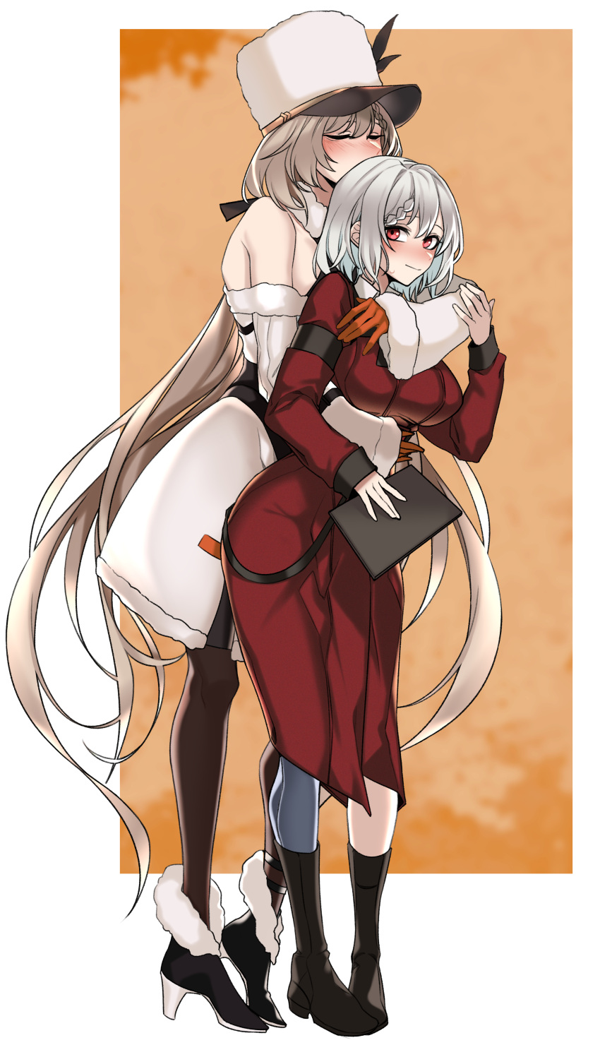 2girls absurdres armband black_armband black_footwear black_pantyhose blush boots braid closed_eyes coat commission dogs_(dlrkdejr26) dress female_commander_(girls'_frontline) french_braid full_body fur-trimmed_dress fur_hat fur_trim girls'_frontline gloves grey_hair griffin_&amp;_kryuger_military_uniform hat height_difference high_heel_boots high_heels highres hug hug_from_behind kord_(girls'_frontline) light_brown_hair long_hair multiple_girls off-shoulder_dress off_shoulder orange_background orange_gloves pantyhose red_coat red_eyes short_hair smile two-tone_background white_background white_dress white_headwear