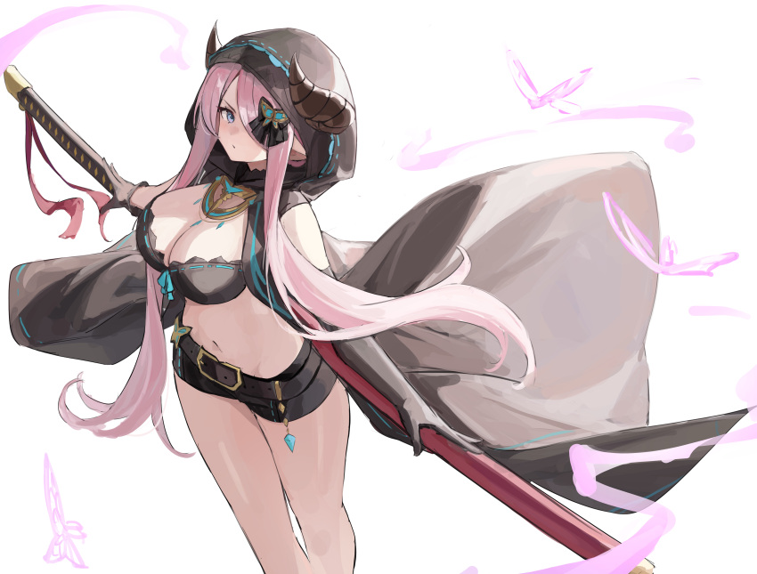 1girl absurdres belt black_belt black_bra black_gloves black_horns black_shorts blue_eyes bra breasts bug butterfly butterfly_hair_ornament cleavage commentary draph feet_out_of_frame gloves granblue_fantasy grey_cloak hair_ornament hair_over_one_eye highres hood horns katana large_breasts long_hair narmaya_(granblue_fantasy) narmaya_(the_black_butterfly)_(granblue_fantasy) navel official_alternate_costume pink_hair pointy_ears shiro_wa_(shiroshironix) short_shorts shorts sidelocks simple_background solo stomach sword thighs underwear weapon weapon_on_back white_background