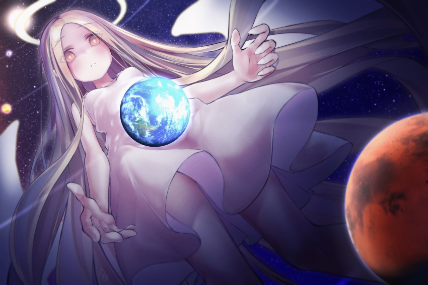 1girl angel_notes angel_wings bare_shoulders blonde_hair breasts dress earth_(planet) forehead giant giantess halo highres long_hair mars_(planet) medium_breasts mercury_(planet) orbital_path planet solar_system solo space star_(sky) sun sundress thighs type-moon v/v venus_(planet) very_long_hair white_dress wings yellow_eyes yellow_wings yubeshi_(zecxl)