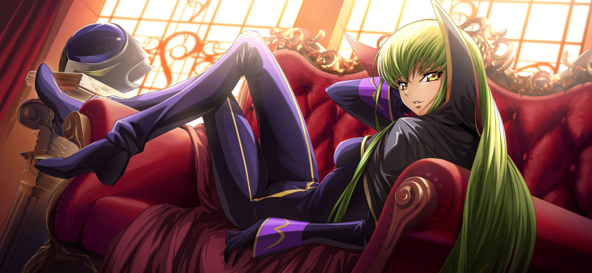 1girl arm_up artist_request black_cape black_gloves black_headwear blue_bodysuit blue_footwear bodysuit breasts c.c. cape code_geass code_geass:_lost_stories cosplay couch crossed_legs dutch_angle from_behind game_cg gloves gold_trim green_hair hand_on_own_cheek hand_on_own_face helmet high_collar highres indoors long_hair long_sleeves looking_at_viewer looking_back lying medium_breasts non-web_source official_art on_back on_couch parted_lips shoes sidelocks solo teeth two-sided_cape two-sided_fabric unworn_headwear unworn_helmet window yellow_eyes zero_(code_geass) zero_(code_geass)_(cosplay)