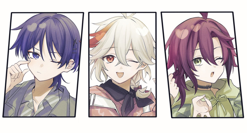 3boys blue_eyes choker closed_mouth genshin_impact green_eyes green_hoodie grey_jacket hair_between_eyes hair_ornament hairclip hood hoodie jacket kaedehara_kazuha male_focus multicolored_hair multiple_boys one_eye_closed open_mouth purple_hair red_eyes red_hair red_shirt scaramouche_(genshin_impact) shikanoin_heizou shirt short_hair white_hair x_hair_ornament y0moru