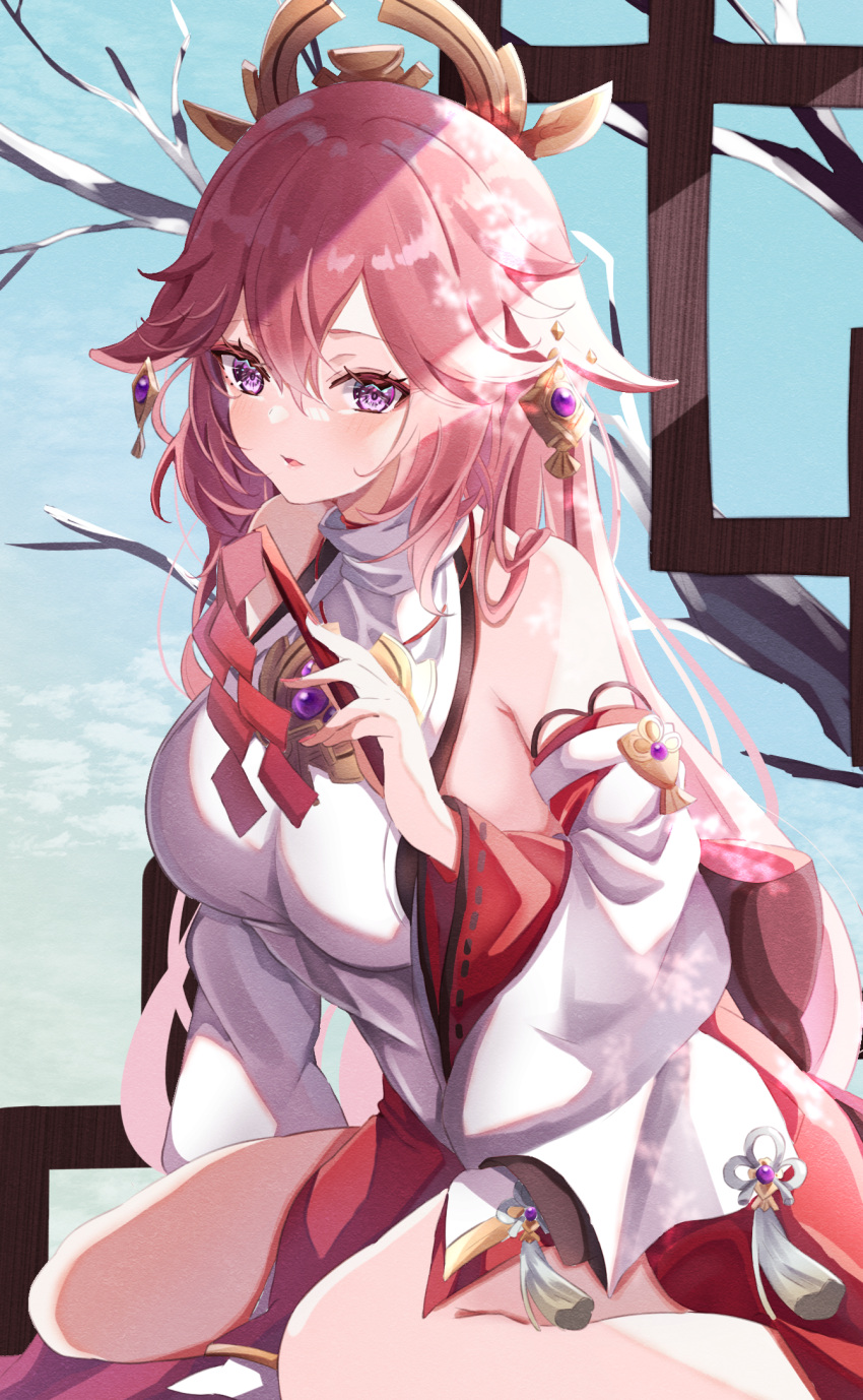 1girl animal_ears armpit_crease bare_shoulders breasts commentary detached_sleeves earrings floppy_ears flower_knot fox_ears genshin_impact hair_between_eyes hair_ornament highres holding japanese_clothes jewelry large_breasts long_hair looking_at_viewer nontraditional_miko parted_lips pink_hair purple_eyes red_skirt sa-ya2 shirt sidelocks sitting skirt sleeveless sleeveless_shirt smile solo tassel thighs wariza white_shirt white_sleeves wide_sleeves yae_miko