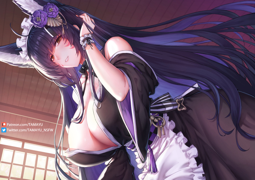 1girl animal_ear_fluff animal_ears artist_name azur_lane bare_shoulders black_kimono breasts cleavage facial_mark flower fox_ears frilled_hairband frills from_below hair_flower hair_ornament hairband highres huge_breasts japanese_clothes kimono kitsune long_hair long_sleeves looking_at_viewer maid maid_headdress musashi_(azur_lane) musashi_(violet_moonglow)_(azur_lane) official_alternate_costume parted_lips patreon_username purple_flower purple_hair smile solo tama_yu very_long_hair wa_maid whisker_markings wide_sleeves yellow_eyes