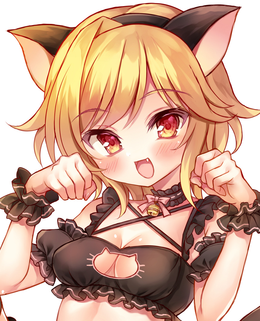 1girl :d achico_999 animal_ears bell black_choker black_hairband black_wrist_cuffs blonde_hair blush bow breasts cat_ears cat_lingerie choker cleavage cleavage_cutout clothing_cutout commentary commission criss-cross_halter detached_sleeves fake_animal_ears fang frilled_choker frilled_sleeves frilled_wrist_cuffs frills hairband halterneck hands_up highres jingle_bell kin-iro_loveriche looking_at_viewer medium_breasts medium_hair meme_attire neck_bell open_mouth paw_pose pink_bow red_eyes short_sleeves simple_background smile solo souma_ria upper_body white_background wrist_cuffs