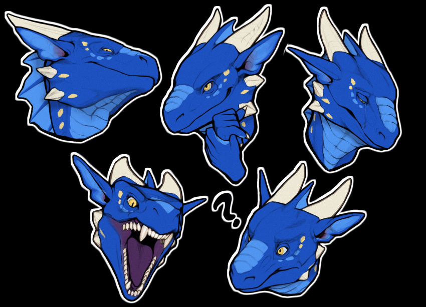 ambiguous_form ambiguous_gender black_background blue_body blue_ears blue_inner_ear cheek_spikes closed_smile dragon facial_scales facial_spikes frill_(anatomy) hi_res horn khyaber mouth_closed narrowed_eyes neck_frill open_mouth purple_tongue question_mark sad scales simple_background smile solo spikes spikes_(anatomy) tongue white_horn yellow_eyes