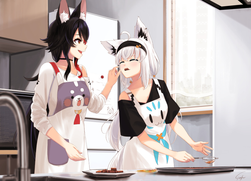 2girls :d absurdres animal_ear_fluff animal_ears animal_print apron asymmetrical_shirt baking_sheet black_hair black_hairband black_shirt chocolate closed_eyes commentary_request cooking curtains earrings eating feeding flipped_hair fox_ears fox_girl fox_tail gurifu hair_between_eyes hairband highres holding hololive jewelry kitchen long_hair long_sleeves looking_at_another low_twintails magnet miofa_(ookami_mio) multicolored_hair multiple_girls note ookami_mio ookami_mio_(3rd_costume) open_mouth oven paw_print plate red_hair refrigerator refrigerator_magnet shirakami_fubuki shirakami_fubuki_(7th_costume) shirt short_sleeves sidelocks signature single_bare_shoulder single_earring sink sleeves_rolled_up smile spiked_hair sukonbu_(shirakami_fubuki) table tail twintails valentine very_long_hair virtual_youtuber white_apron white_shirt window wolf_ears wolf_girl yellow_eyes