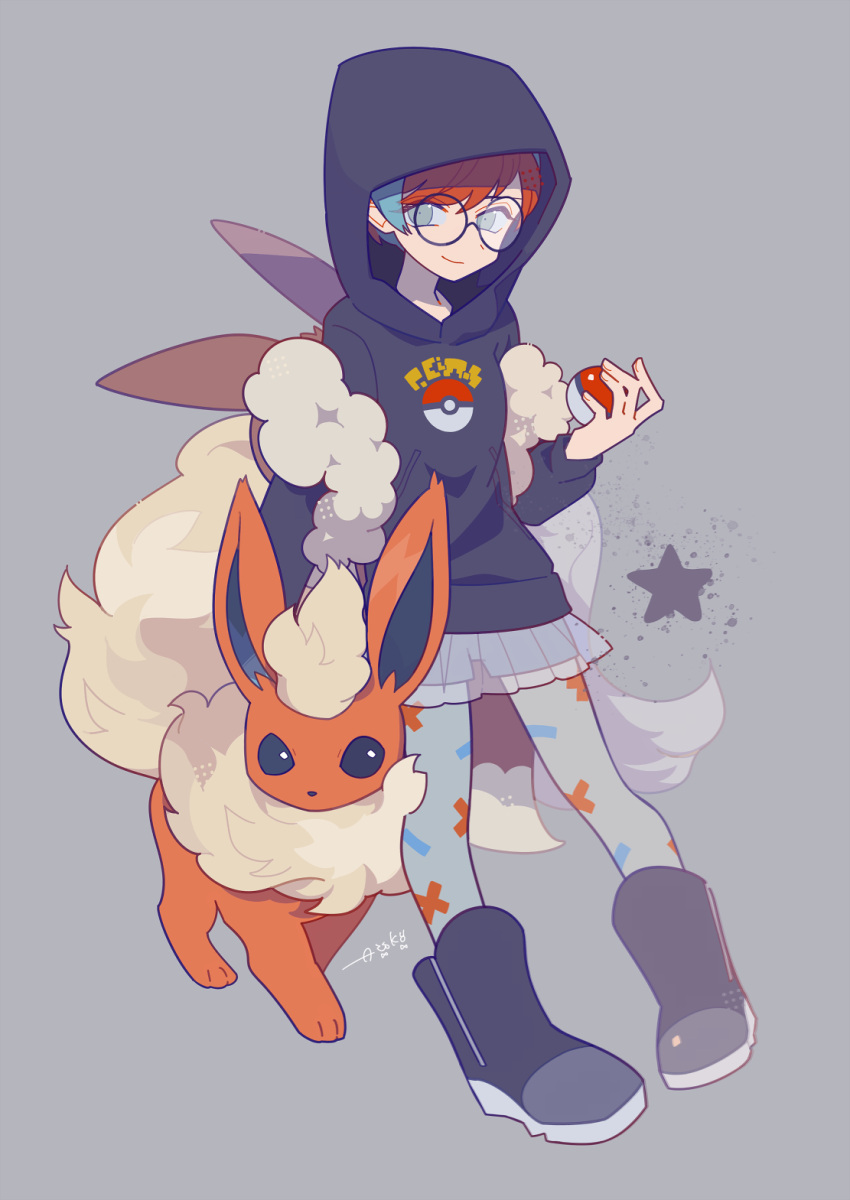 1girl 1other auko black_footwear black_hoodie black_shorts blue_hair boots commentary_request flareon full_body glasses grey_background grey_eyes grey_pantyhose highres holding holding_poke_ball hood hood_up hoodie long_sleeves looking_at_viewer multicolored_hair pantyhose penny_(pokemon) poke_ball poke_ball_print pokemon pokemon_(creature) pokemon_sv red_hair round_eyewear see-through see-through_skirt shorts signature simple_background skirt smile star_(symbol) two-tone_hair