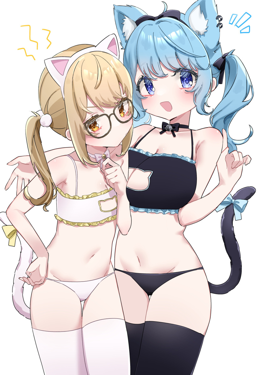 2girls absurdres ahoge animal_ear_fluff animal_ear_piercing animal_ears black-framed_eyewear black_panties black_thighhighs blonde_hair blue_eyes blue_hair blush breast_envy breasts cat_cutout cat_ears cat_lingerie cat_tail cleavage cleavage_cutout closed_mouth clothing_cutout commentary cowboy_shot dog_ears dog_girl fake_animal_ears flat_chest frown glasses highres inaba_haneru_(animare) kemonomimi_mode large_breasts long_hair looking_at_viewer medium_bangs meme_attire multiple_girls nanashi_inc. navel notice_lines open_mouth panties simple_background souya_ichika tail tamotsu_(mary) thighhighs twintails underwear underwear_only virtual_youtuber white_background white_panties white_thighhighs