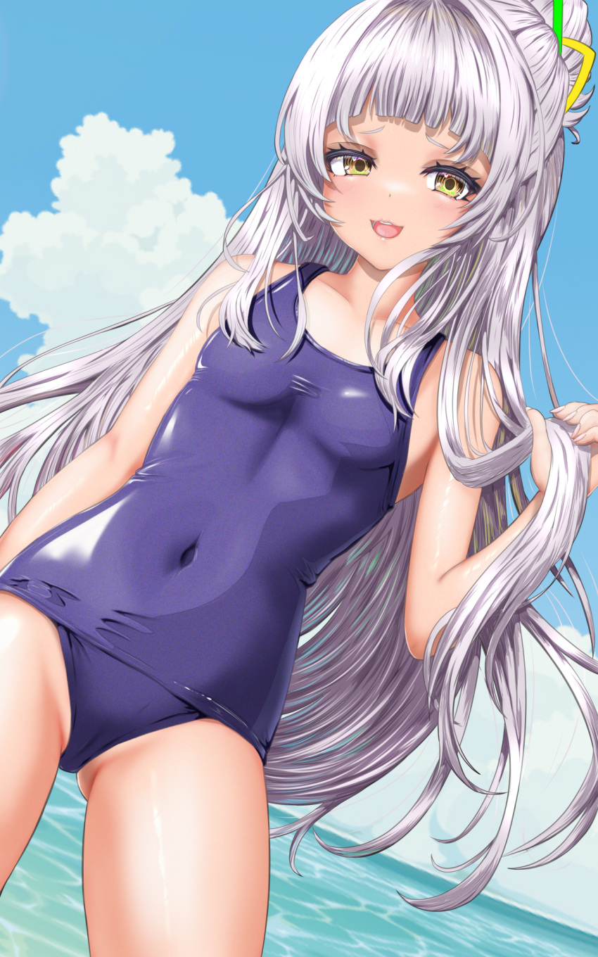 1girl arched_bangs blue_one-piece_swimsuit blue_sky breasts cloud covered_navel day grey_hair hair_bun hair_ribbon highres hololive long_hair looking_at_viewer murasaki_shion one-piece_swimsuit open_mouth outdoors ribbon school_swimsuit sky small_breasts solo swimsuit virtual_youtuber wakaunderblade7 yellow_eyes