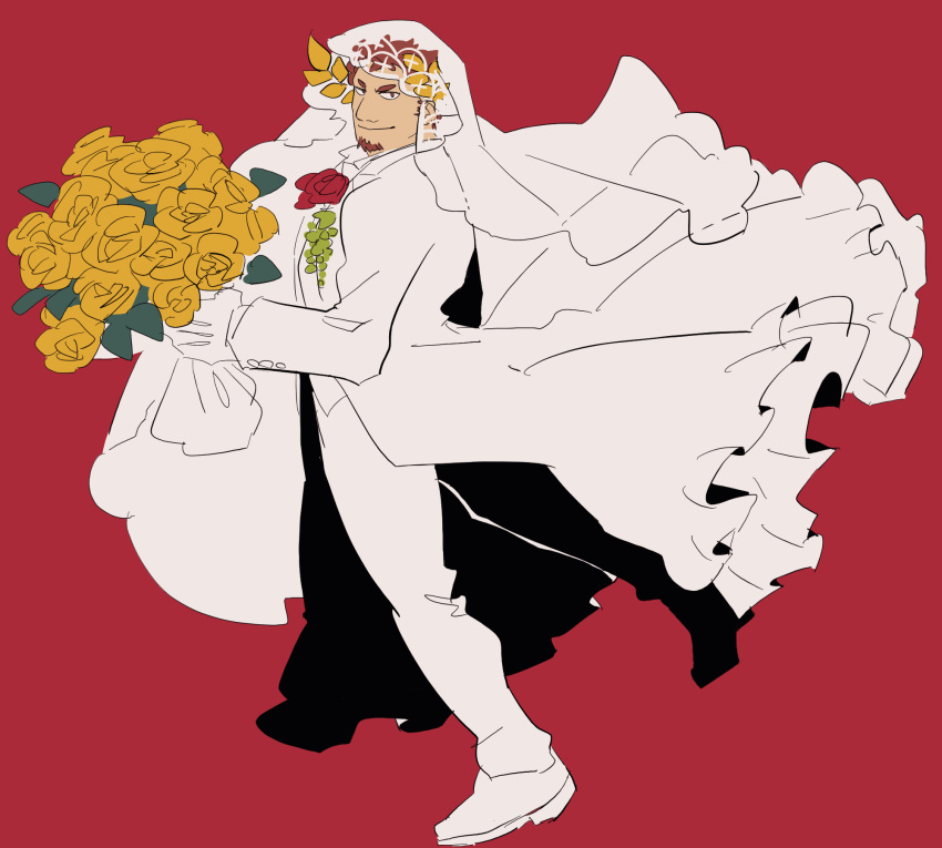 1boy ascot bara bouquet bridal_veil claude_(housamo) coat commentary_request facial_hair flower frilled_coat frills full_body gloves goatee highres holding holding_bouquet iki_(4sarabyebye) laurel_crown looking_at_viewer male_focus pants red_background red_eyes red_hair rose shirt short_hair simple_background smile solo thick_eyebrows tokyo_afterschool_summoners veil white_footwear white_gloves white_pants white_shirt yellow_flower yellow_rose