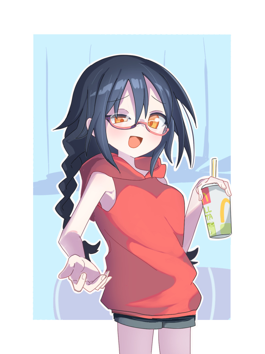 1girl black_hair black_shorts blue_background blush border braid breasts commentary_request drink furrowed_brow glasses highres holding holding_drink hood hood_down hoodie long_hair looking_at_viewer low_twin_braids mcdonald's medium_breasts null-meta open_mouth orange_eyes outside_border outstretched_hand package_(kazama0819) raised_eyebrows red_hoodie short_shorts shorts sleeveless sleeveless_hoodie smile smug solo souen_chiaki standing twin_braids uneven_eyes white_border