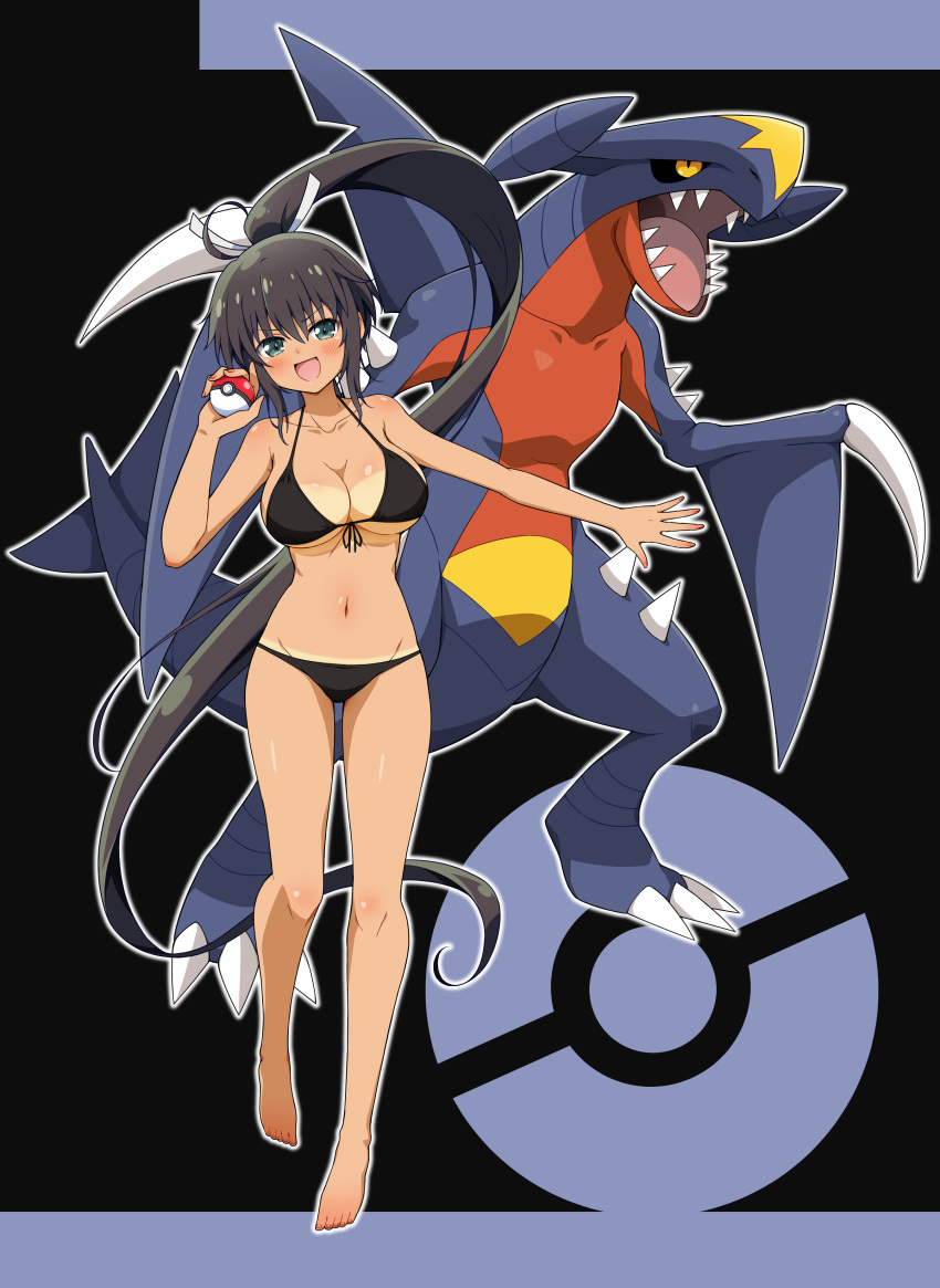 1girl absurdres ahoge bikini bikini_tan black_background black_hair black_sclera blue_background blush body_blush breasts claws cleavage collarbone colored_sclera commission crossover dark-skinned_female dark_skin dragon eggman_(pixiv28975023) fins fish_tail front-tie_bikini_top front-tie_top full_body garchomp green_eyes groin hair_ribbon high_ponytail highres holding holding_poke_ball homura_(senran_kagura) large_breasts long_hair looking_at_viewer micro_bikini navel open_mouth poke_ball poke_ball_(basic) poke_ball_symbol pokemon pokemon_(creature) pokemon_dppt ponytail ribbon senran_kagura senran_kagura_shoujo-tachi_no_shin'ei shark_tail sharp_teeth shiny_skin skeb_commission smile spikes standing swimsuit tail tan tanlines teeth two-tone_background very_long_hair white_ribbon yellow_eyes