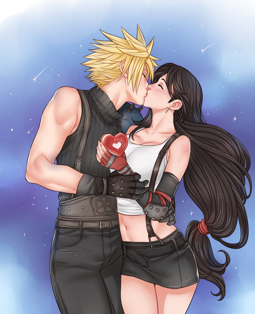 1boy 1girl armor bare_shoulders belt_buckle black_hair black_skirt black_sleeves blonde_hair box box_of_chocolates breasts buckle closed_eyes cloud_strife collarbone commentary couple cowboy_shot crop_top crylin6 detached_sleeves earrings elbow_pads english_commentary final_fantasy final_fantasy_vii fingerless_gloves gloves hand_on_another's_hip heart heart-shaped_box hetero highres holding holding_another's_arm holding_heart jewelry kiss large_breasts light_blush long_hair low-tied_long_hair midriff miniskirt navel red_gloves shooting_star shoulder_armor single_earring single_elbow_pad skirt sky sleeveless sleeveless_turtleneck spiked_hair star_(sky) starry_sky suspender_skirt suspenders sweater tank_top teardrop_earrings tifa_lockhart turtleneck turtleneck_sweater valentine white_tank_top