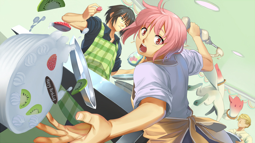 akemi_homura akemi_homura_(male) apron black_hair blonde_hair cake falling flyx2 food foreshortening fruit genderswap genderswap_(ftm) happy_birthday kaname_madoka kaname_madou kiwifruit kyubey looking_at_viewer mahou_shoujo_madoka_magica male_focus multiple_boys open_mouth pink_eyes pink_hair strawberry tomoe_mami tomoe_mamiya tray whipped_cream