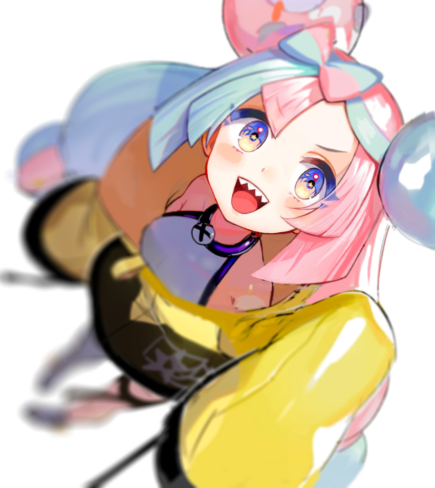 =_(9_yawbus) blue_eyes blurry bow-shaped_hair breasts character_hair_ornament commentary_request depth_of_field hair_ornament hand_up highres iono_(pokemon) jacket long_hair looking_at_viewer low-tied_long_hair multicolored_hair open_mouth oversized_clothes pokemon pokemon_sv sharp_teeth single_leg_pantyhose sleeves_past_fingers sleeves_past_wrists smile split-color_hair teeth two-tone_hair very_long_sleeves x yellow_jacket