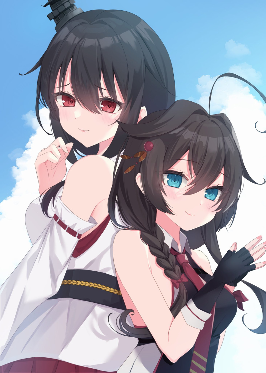 2girls ahoge black_gloves black_hair blue_eyes blue_sky blush braid breasts closed_mouth cloud day detached_sleeves fingerless_gloves gloves hair_between_eyes hair_flaps hair_ornament hair_over_shoulder headgear highres kantai_collection large_breasts looking_at_viewer medium_breasts multiple_girls own_hands_together red_eyes shigure_(kancolle) shirt single_braid sky sleeveless sleeveless_shirt yamashiro_(kancolle) yoshino_(mfmfpng)