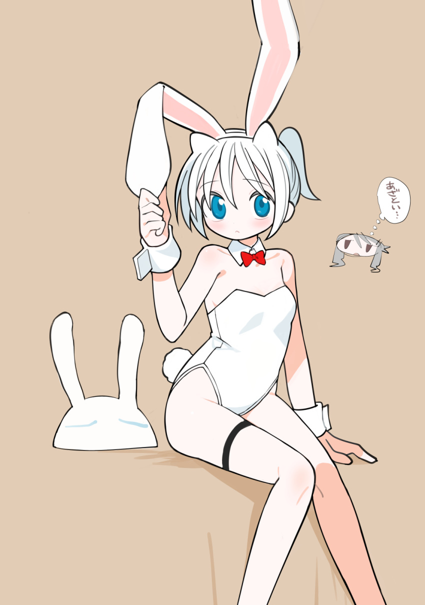 2girls :&lt; agoshi_sakina animal_ears arm_support bare_shoulders blue_eyes blush bow bowtie breasts brown_background creature doodle_inset fake_animal_ears fake_tail feet_out_of_frame hair_horns hairband highleg highleg_leotard highres invisible_chair knees_together_feet_apart kokaki_mumose leotard looking_at_viewer medium_breasts moneko_(null-meta) multiple_girls null-meta rabbit_ears rabbit_tail red_bow red_bowtie short_hair short_ponytail simple_background sitting solo_focus strapless strapless_leotard tail takada_shiyuki thigh_strap thought_bubble translation_request white_hair white_hairband white_leotard