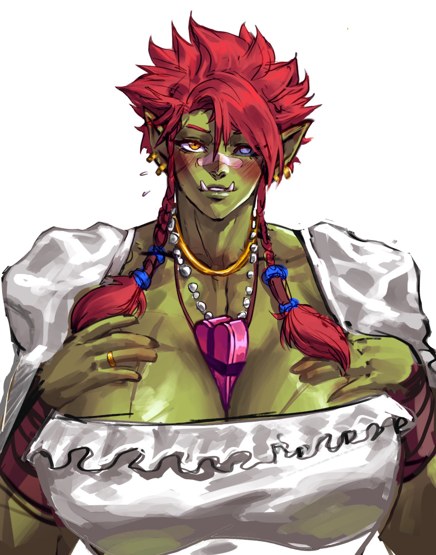1509virgoart 1girl absurdres bandaid bandaid_on_face bandaid_on_nose black_sclera blush braid breasts cassandra_(virgoart1509) colored_sclera colored_skin dress earrings female_orc green_skin heterochromia highres huge_breasts jewelry looking_at_viewer mismatched_sclera necklace orc original pointy_ears purple_eyes red_hair ring simple_background tusks twin_braids upper_body white_background white_dress yellow_eyes