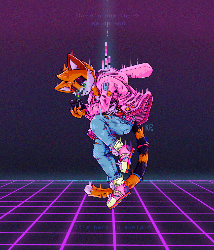 1990s absurd_res anthro bodily_fluids bottomwear bunny_costume clothing costume crying denim denim_bottomwear denim_clothing domestic_cat felid feline felis footwear hi_res jacket jeans katxfish katxlogan laser lights male mammal pants pink_clothing pink_sneakers pixelated shoes sneakers solo tail tears topwear