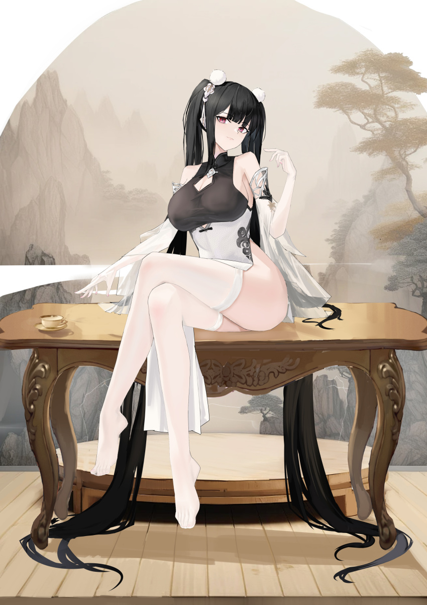 1girl absurdly_long_hair absurdres azur_lane bare_shoulders black_hair breasts china_dress chinese_clothes cleavage cleavage_cutout clothing_cutout crossed_legs dress elbow_gloves full_body gloves hair_ornament highres indoors large_breasts long_hair looking_at_viewer official_alternate_costume official_alternate_hairstyle pelvic_curtain peter_strasser_(azur_lane) peter_strasser_(lustrous_jade_of_the_golden_house)_(azur_lane) red_eyes sitting sitting_on_table solo suo_bu_ye_feng thighhighs twintails two-tone_dress very_long_hair white_gloves white_thighhighs wooden_floor