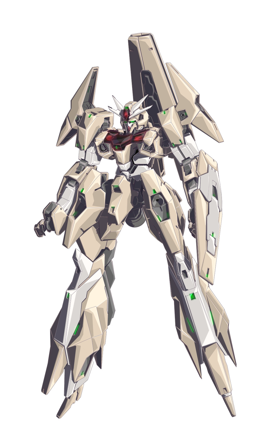 absurdres arm_shield arms_at_sides beam_cannon clenched_hands commentary english_commentary full_body green_eyes gundam gundam_lfrith_thorn gundam_suisei_no_majo highres legs_apart mecha mobile_suit no_humans original redesign robot science_fiction simple_background solo thrusters timberwolf87 v-fin white_background