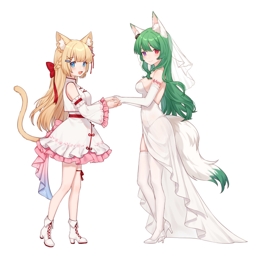 2girls :d absurdres alternate_costume animal_ear_fluff animal_ears arisa_maple backless_dress backless_outfit bare_shoulders bell_sleeves blonde_hair blue_eyes blush body_writing boots bow braid breasts bridal_veil cat_ears cat_girl cat_tail chinese_clothes chinese_commentary choker commentary_request covered_navel cross-laced_footwear detached_sleeves dress elbow_gloves facing_another facing_to_the_side fish_hair_ornament fox_ears fox_girl fox_tail french_braid frilled_sleeves frills full_body gloves green_hair green_tail hair_bow hair_ornament hairclip hanazono_serena hand_grab heterochromia high_heel_boots high_heels highres indie_virtual_youtuber leg_ribbon long_hair looking_at_viewer medium_breasts miyayoki multiple_girls purple_eyes red_bow red_eyes red_ribbon ribbon see-through see-through_dress simple_background skindentation smile standing tail thigh_ribbon thighhighs two-tone_tail veil virtopia_club virtual_youtuber wedding_dress white_background white_choker white_dress white_footwear white_gloves white_tail white_thighhighs white_veil wide_sleeves x_hair_ornament yellow_tail