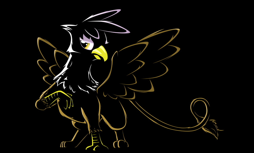 avian black_background braukoly brown_body female feral friendship_is_magic gilda_(mlp) gryphon hasbro hi_res looking_at_viewer my_little_pony plain_background raised_talon silhouette solo tail warm_colors white_head wings yellow_eyes
