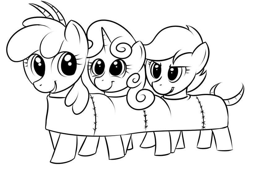 apple_bloom_(mlp) applebloom_(mlp) centipede costume cub cute cutie_mark_crusaders_(mlp) equine eyelashes female feral foal friendship_is_magic group hasbro horn horse looking_back mammal monochrome my_little_pony pincers pony scootaloo_(mlp) smile sweetie_belle_(mlp) unicorn unknown_artist young