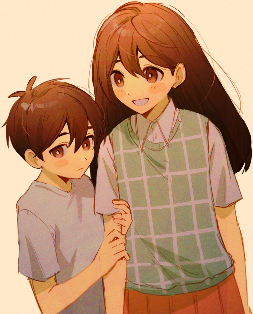 1boy 1girl ahoge blush_stickers brown_eyes brown_hair closed_mouth collared_shirt green_sweater_vest grey_shirt hair_between_eyes height_difference highres holding_another's_arm long_hair looking_at_another mari_(omori) omori open_mouth orange_skirt plaid_sweater_vest pleated_skirt sepia_background shirt short_hair simple_background skirt smile sunny_(omori) sweater_vest teeth white_shirt wosinnk