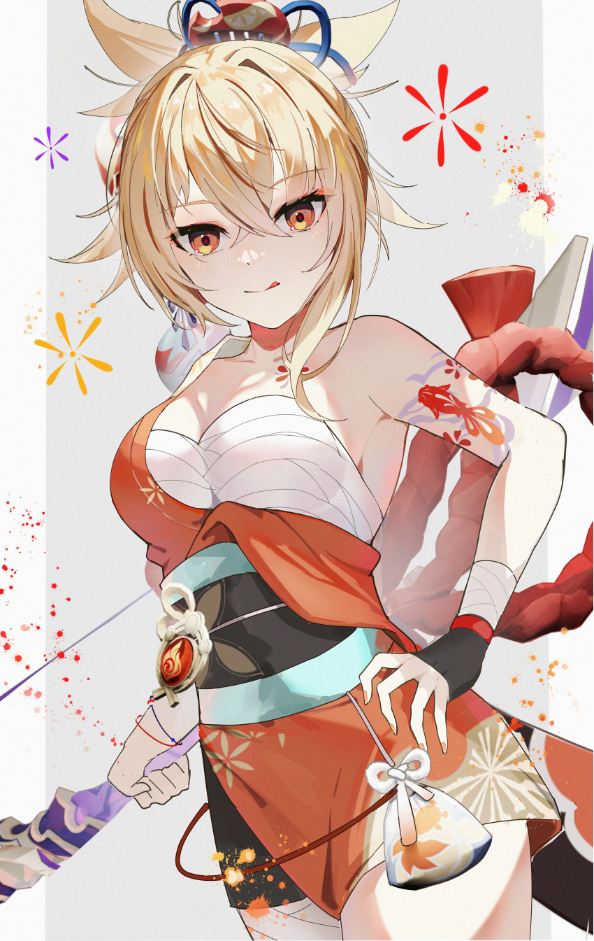 1girl absurdres arm_tattoo blonde_hair bow_(weapon) breasts cleavage collarbone cowboy_shot fish_tattoo genshin_impact hair_between_eyes half_updo hand_on_own_hip hiciki highres holding holding_bow_(weapon) holding_weapon japanese_clothes kimono looking_at_viewer medium_breasts nail_polish orange_eyes orange_kimono orange_nails sarashi short_kimono solo standing tattoo tongue tongue_out weapon yoimiya_(genshin_impact)