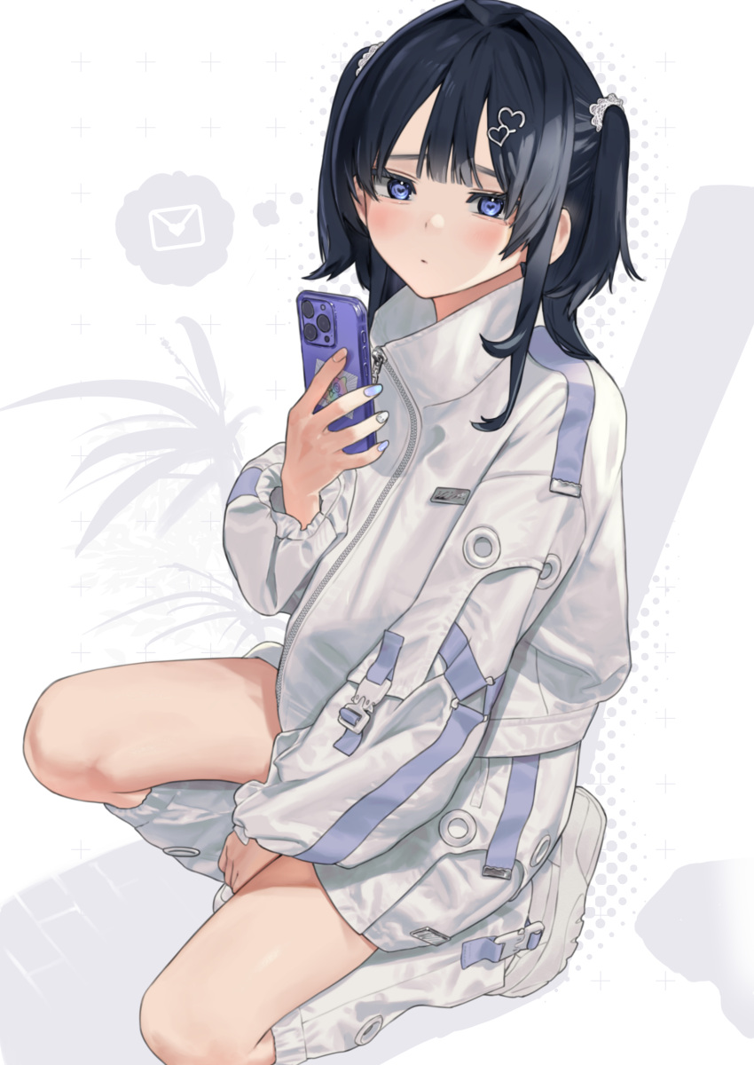 1girl absurdres black_hair blue_eyes blue_nails blush cellphone closed_mouth commentary_request dot_mouth dot_nose hair_ornament hair_scrunchie heart heart-shaped_pupils heart_hair_ornament highres holding holding_phone jacket kneeling long_sleeves looking_at_viewer loose_socks mashiro_kta medium_hair nail_polish on_one_knee original phone puffy_long_sleeves puffy_sleeves scrunchie socks solo spoken_object symbol-shaped_pupils thighs thought_bubble two_side_up white_footwear white_jacket white_scrunchie white_socks