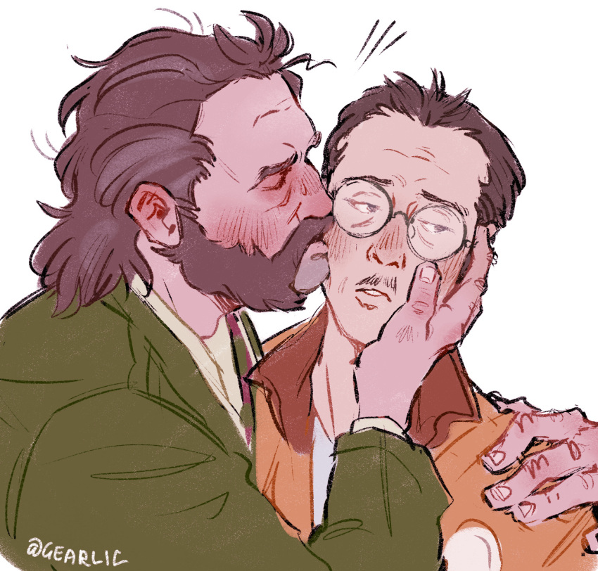 2boys beard black_hair blush bomber_jacket brown_hair closed_eyes disco_elysium facial_hair from_side gearlic glasses harry_du_bois highres holding_another's_head jacket kim_kitsuragi kiss kissing_cheek looking_to_the_side male_focus mature_male multiple_boys mustache mutton_chops profile short_hair simple_background thick_beard upper_body white_background yaoi